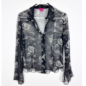 Sunny Leigh Button Up Shirt Size Medium Black Sheer Silk Chain Ring Print